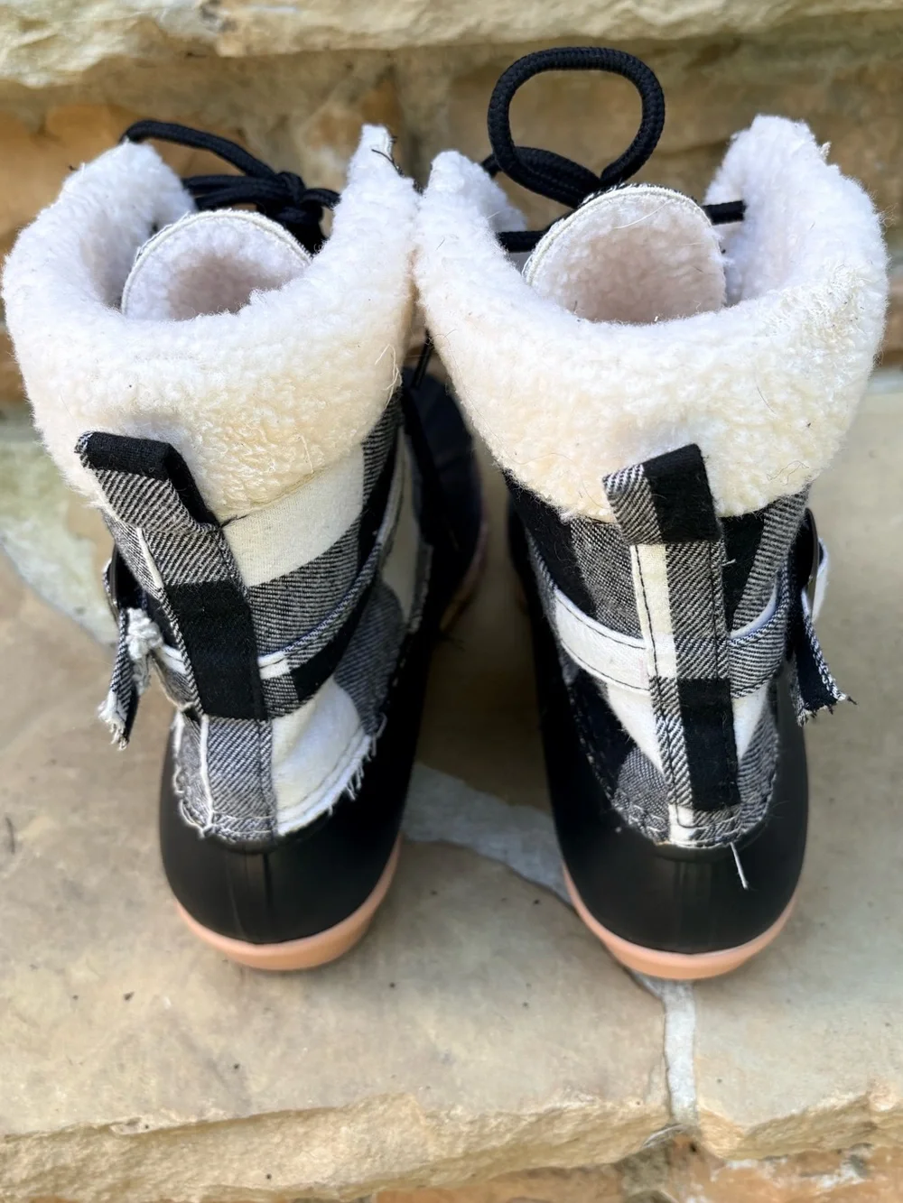Outwoods Black Plaid Winter Duck Boots with Light Soles